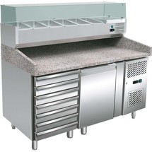 Stalgast 1-tütiger Pizza-Vorbereitungstisch EN/BN 600 mm x 400 mm mit Kühlaufsatz und 7 Schubladen