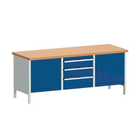 Systémový pracovný stôl bott cubio s 3 zásuvkami + 2 dverami, v × š × h 840 × 2 000 × 750 mm, buková pracovná doska