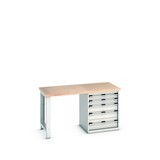 Systémový pracovný stôl bott cubio s 5 zásuvkami, v × š × h 840 × 1 500 × 750 mm, buková pracovná doska