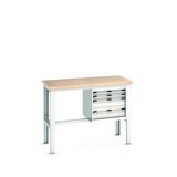 Systémový pracovný stôl bott cubio so 4 zásuvkami, V x Š x H 740-1,140 × 1 500 × 750 mm, pracovná doska buk