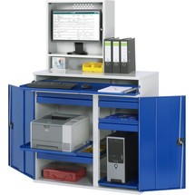 Szafka komputerowa RAU, obudowa monitora, szuflada na klawiaturę, podwójne drzwi skrzydłowe, szuflady
