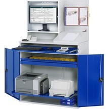 Szafka komputerowa RAU, obudowa monitora, szuflada na klawiaturę, podwójne drzwi skrzydłowe, tylna ściana z perforowaną płytą, szuflady