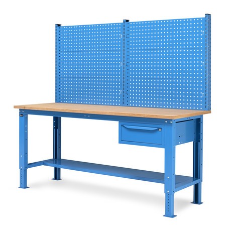 Výškově nastavitelný pracovní stůl Fami s multifunkčním segmentem stěny a zásuvky