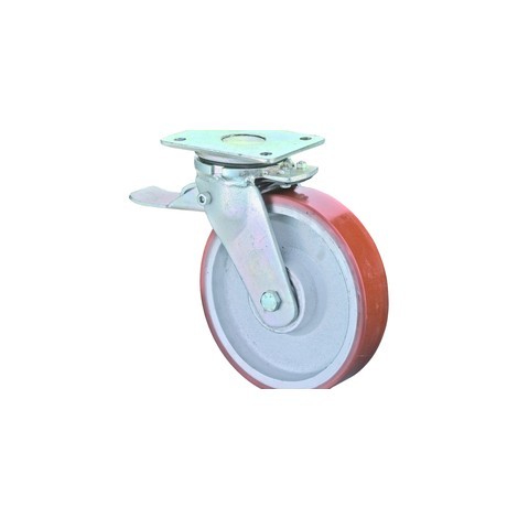 Zátěžové kolečko z polyuretanového odlitku Prothane®, řiditelné kolečko s brzdou/parkovací brzdou, kuličkové ložisko, destička, litinový disk